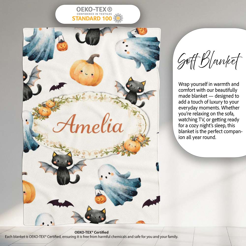 Halloween Ghost Pumpkin Cat Seamless Pattern Light Grey Cute Spooky Personalised Custom Name Super Soft Fleece Blanket Bed Sofa Throw