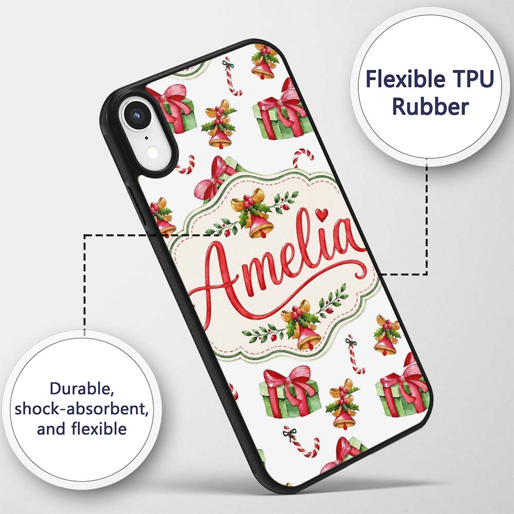 Watercolor Christmas Gift Box Candy Cane Bell Custom Name Protective Phone Case Mobile Cover Durable Everyday Smartphone Shock Resistant