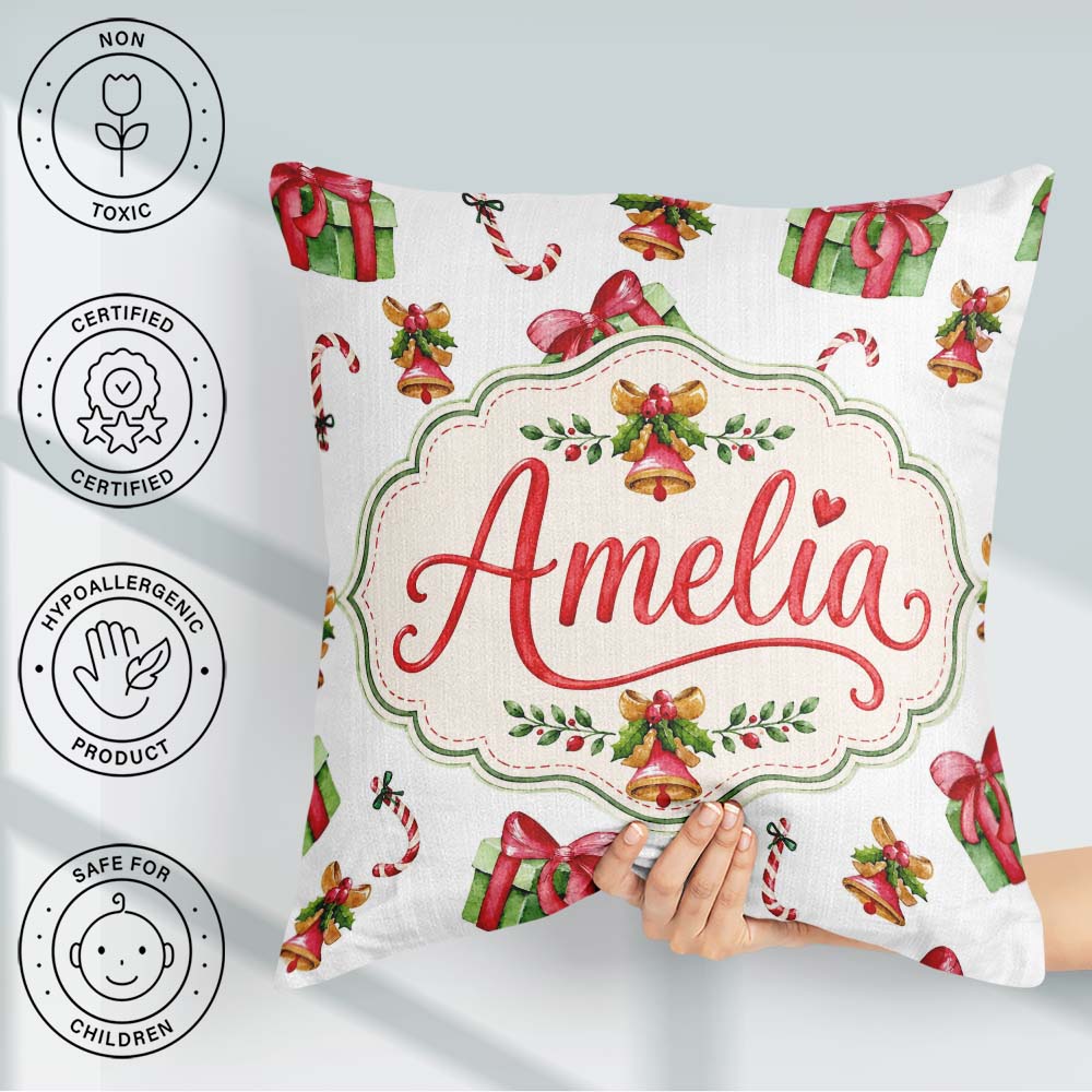 Custom Name Watercolor Gift Box Candy Cane Bell Seamless Pattern Square Filled Cushion Throw Pillow Sofa Bed Home Decor Zip Washable UK Made