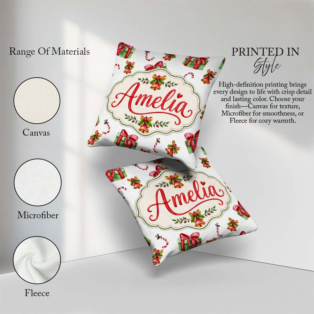Custom Name Watercolor Gift Box Candy Cane Bell Seamless Pattern Square Filled Cushion Throw Pillow Sofa Bed Home Decor Zip Washable UK Made