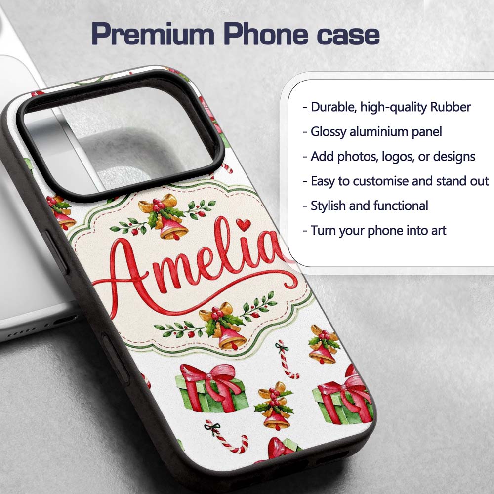 Watercolor Christmas Gift Box Candy Cane Bell Custom Name Protective Phone Case Mobile Cover Durable Everyday Smartphone Shock Resistant