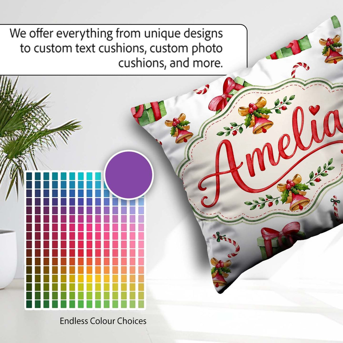 Custom Name Watercolor Gift Box Candy Cane Bell Seamless Pattern Square Filled Cushion Throw Pillow Sofa Bed Home Decor Zip Washable UK Made