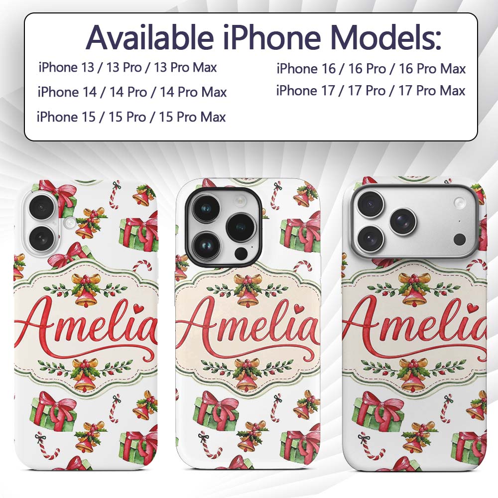 Watercolor Christmas Gift Box Candy Cane Bell Custom Name Protective Phone Case Mobile Cover Durable Everyday Smartphone Shock Resistant
