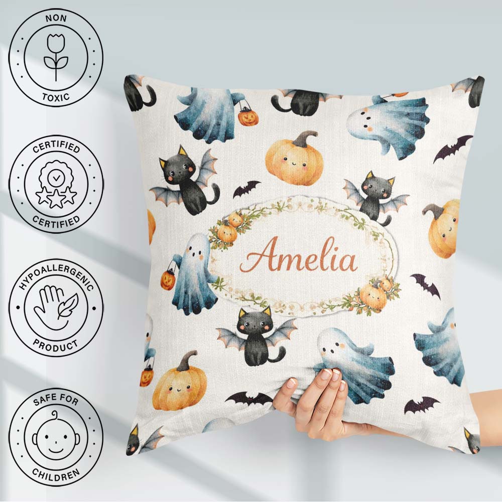 Custom Name Ghost Pumpkin Cat Seamless Pattern Light Grey Spooky Square Filled Cushion Throw Pillow Sofa Bed Home Decor Zip Washable UK Made
