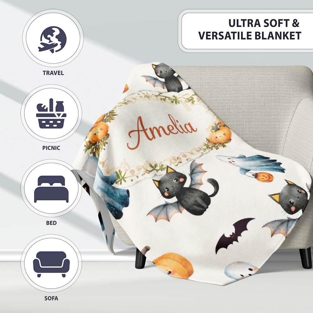 Halloween Ghost Pumpkin Cat Seamless Pattern Light Grey Cute Spooky Personalised Custom Name Super Soft Fleece Blanket Bed Sofa Throw