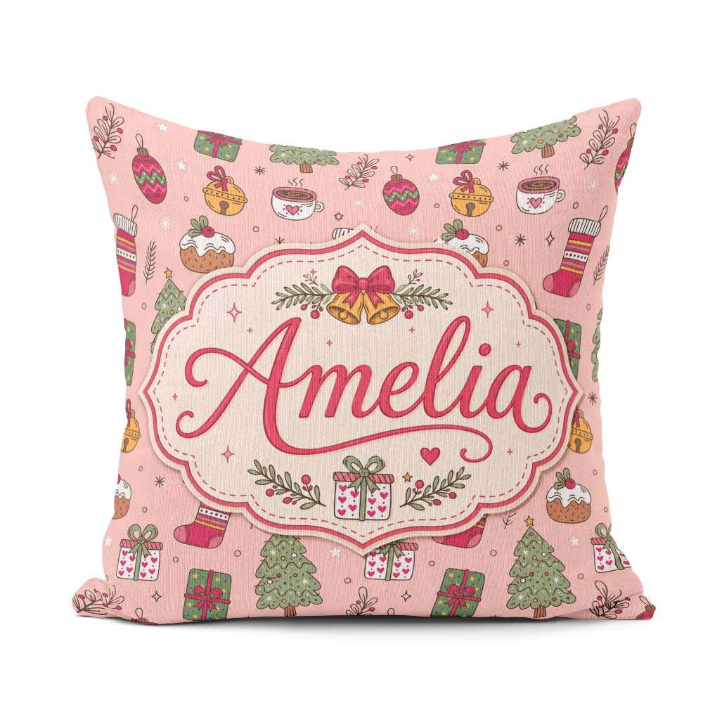 Custom Name Cute Christmas Tree Cupcake Ornament Pink Seamless Square Filled Cushion Throw Pillow Sofa Bed Home Decor Zip Washable UK Made