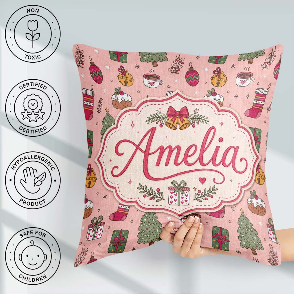 Custom Name Cute Christmas Tree Cupcake Ornament Pink Seamless Square Filled Cushion Throw Pillow Sofa Bed Home Decor Zip Washable UK Made