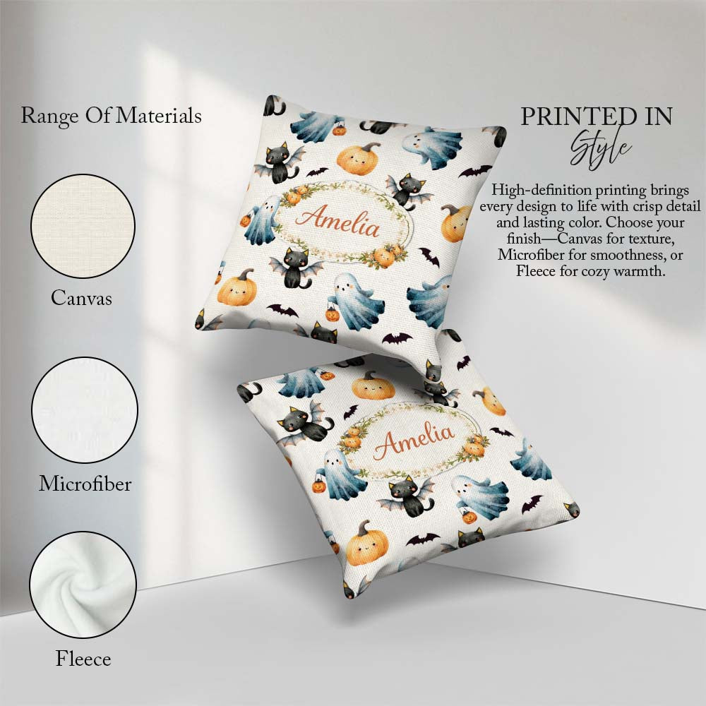 Custom Name Ghost Pumpkin Cat Seamless Pattern Light Grey Spooky Square Filled Cushion Throw Pillow Sofa Bed Home Decor Zip Washable UK Made