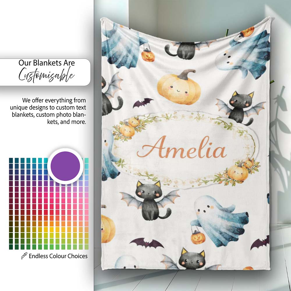 Halloween Ghost Pumpkin Cat Seamless Pattern Light Grey Cute Spooky Personalised Custom Name Super Soft Fleece Blanket Bed Sofa Throw