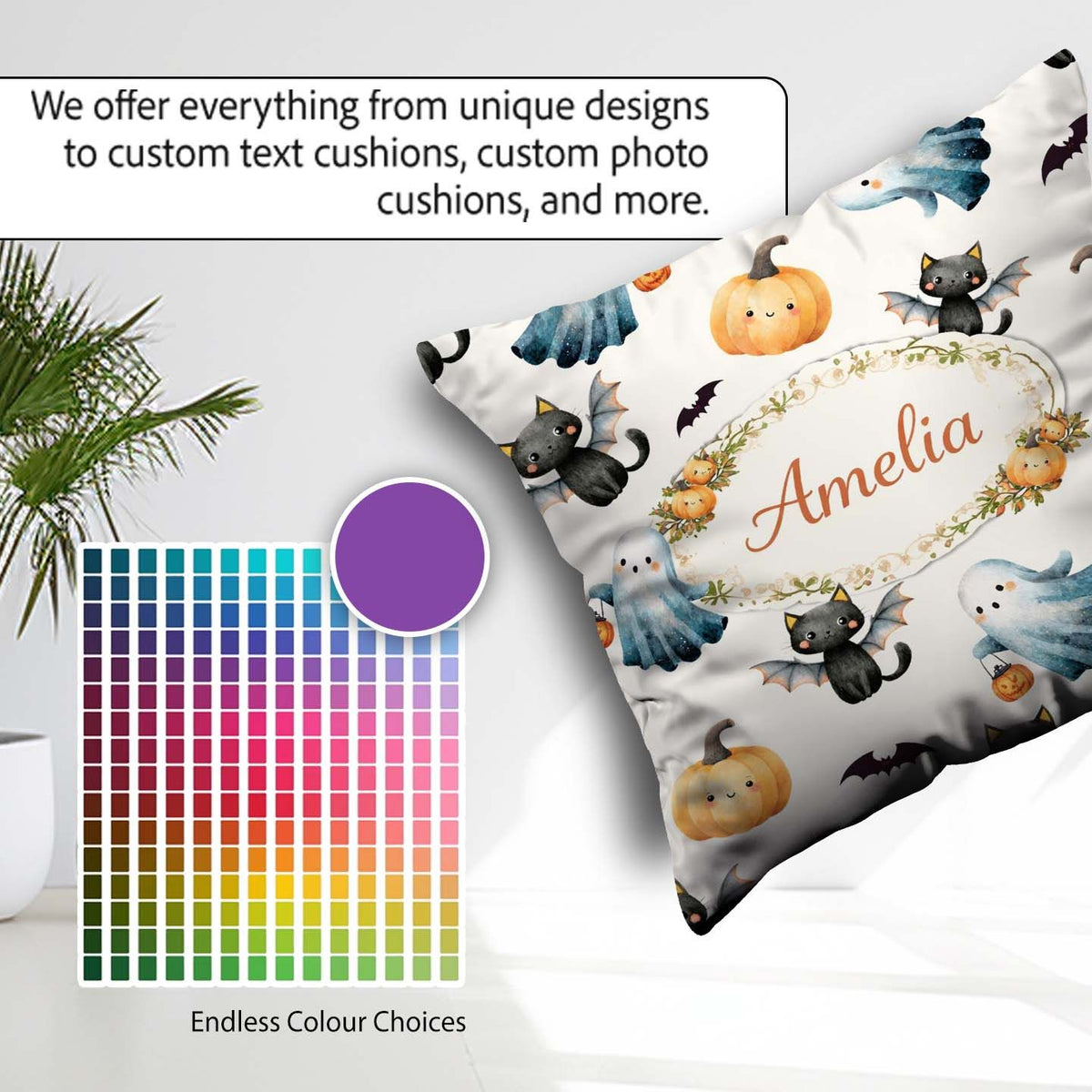 Custom Name Ghost Pumpkin Cat Seamless Pattern Light Grey Spooky Square Filled Cushion Throw Pillow Sofa Bed Home Decor Zip Washable UK Made