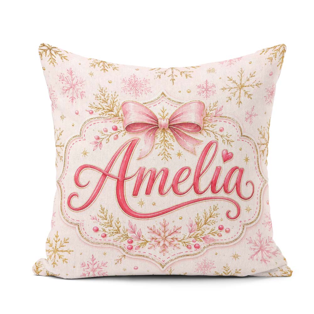 Custom Name Elegant Gold Snowflake Pink Festive Seamless Pattern Square Filled Cushion Throw Pillow Sofa Bed Home Decor Zip Washable UK Made