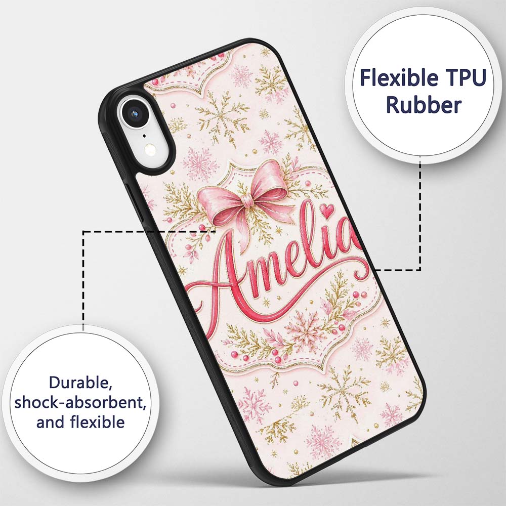 Elegant Gold Snowflake Pink Winter Printed Design Custom Name Protective Phone Case Mobile Cover Durable Everyday Smartphone Shock Resistant