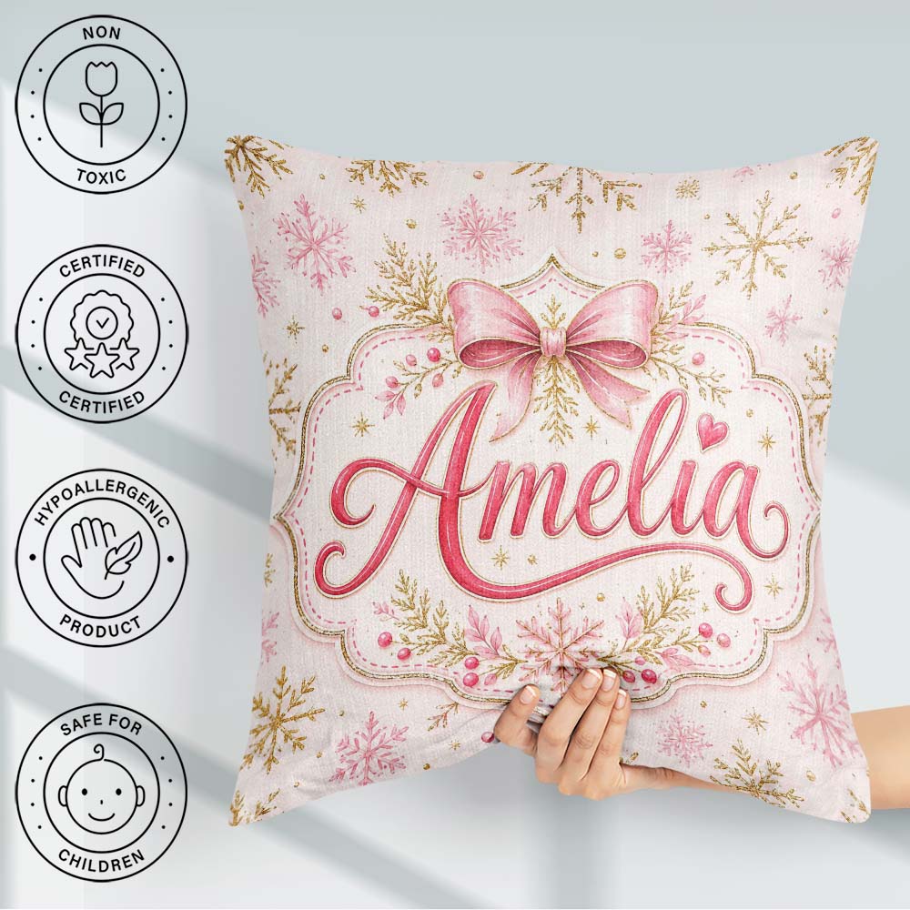 Custom Name Elegant Gold Snowflake Pink Festive Seamless Pattern Square Filled Cushion Throw Pillow Sofa Bed Home Decor Zip Washable UK Made
