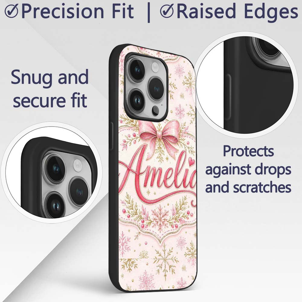 Elegant Gold Snowflake Pink Winter Printed Design Custom Name Protective Phone Case Mobile Cover Durable Everyday Smartphone Shock Resistant