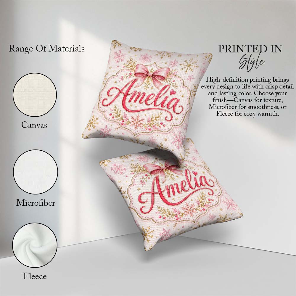 Custom Name Elegant Gold Snowflake Pink Festive Seamless Pattern Square Filled Cushion Throw Pillow Sofa Bed Home Decor Zip Washable UK Made