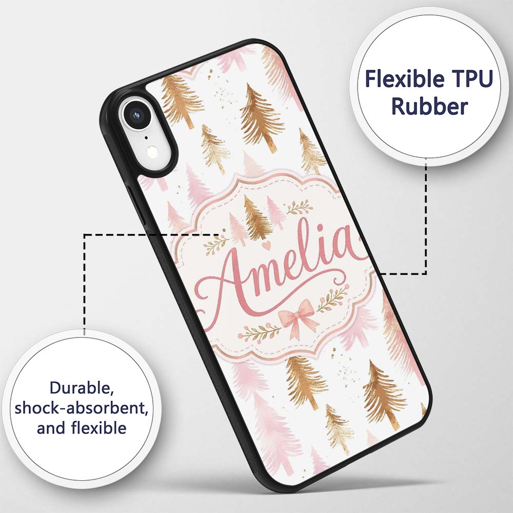 Elegant Pink and Gold Christmas Tree Watercolor Custom Name Protective Phone Case Mobile Cover Durable Everyday Smartphone Shock Resistant