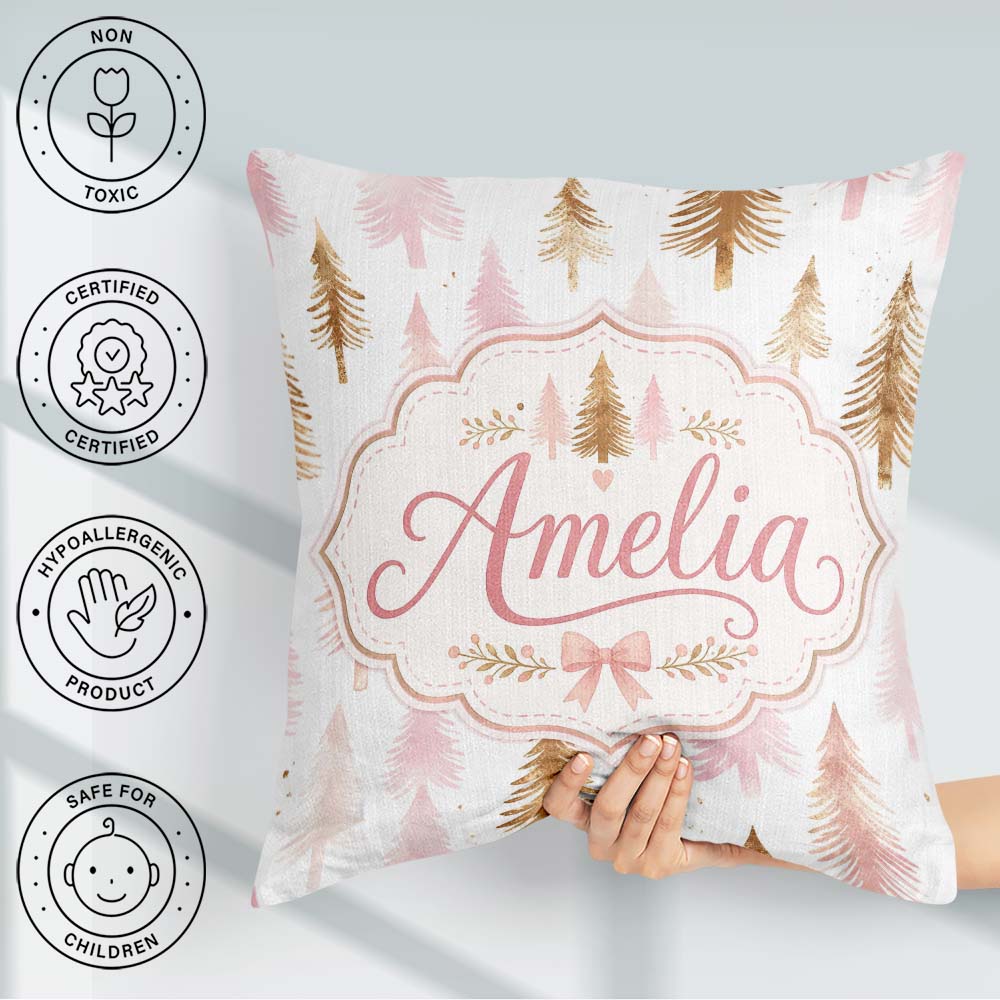Custom Name Elegant Pink Gold Christmas Tree Watercolor Seamless Square Filled Cushion Throw Pillow Sofa Bed Home Decor Zip Washable UK Made