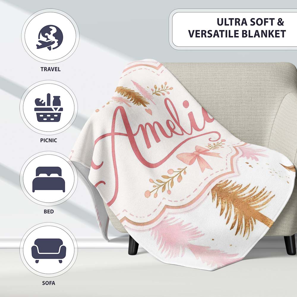 Elegant Pink and Gold Christmas Tree Watercolor Seamless Pattern Personalised Custom Name Super Soft Fleece Blanket Bed Sofa Throw