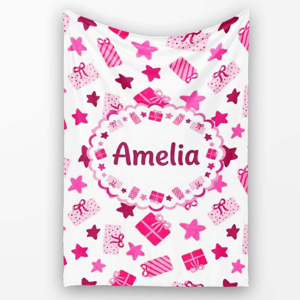 Cute Pink Gift Box Star Festive Seamless Pattern Cute Gift Personalised Custom Name Super Soft Fleece Blanket Bed Sofa Throw
