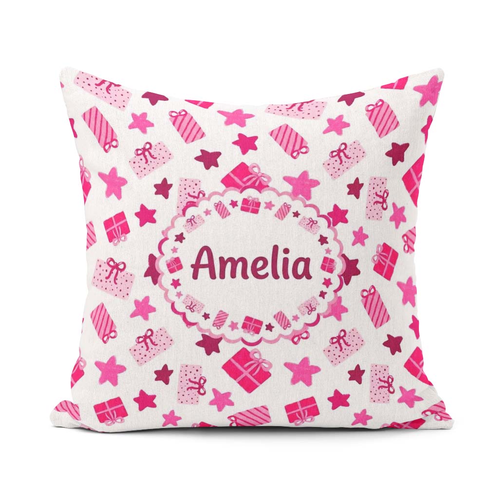 Custom Name Cute Pink Box Star Festive Seamless Pattern Cute Square Filled Cushion Throw Pillow Sofa Bed Home Decor Zip Washable UK Made