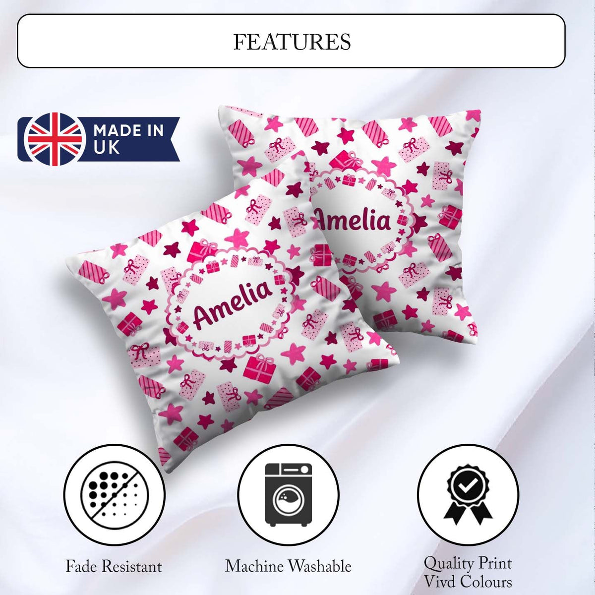 Custom Name Cute Pink Box Star Festive Seamless Pattern Cute Square Filled Cushion Throw Pillow Sofa Bed Home Decor Zip Washable UK Made