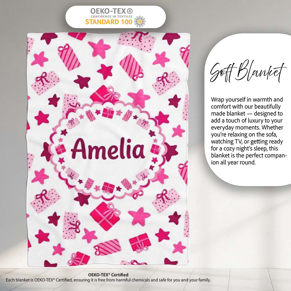 Cute Pink Gift Box Star Festive Seamless Pattern Cute Gift Personalised Custom Name Super Soft Fleece Blanket Bed Sofa Throw