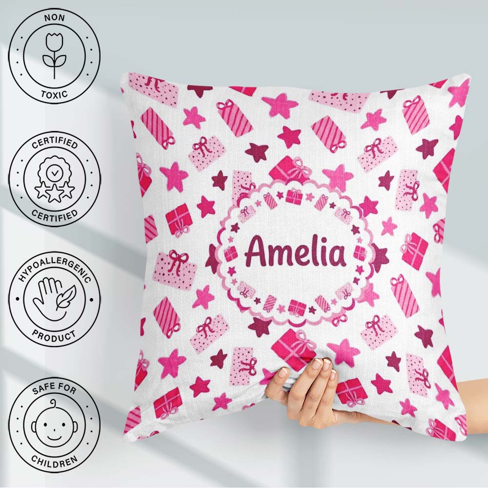 Custom Name Cute Pink Box Star Festive Seamless Pattern Cute Square Filled Cushion Throw Pillow Sofa Bed Home Decor Zip Washable UK Made