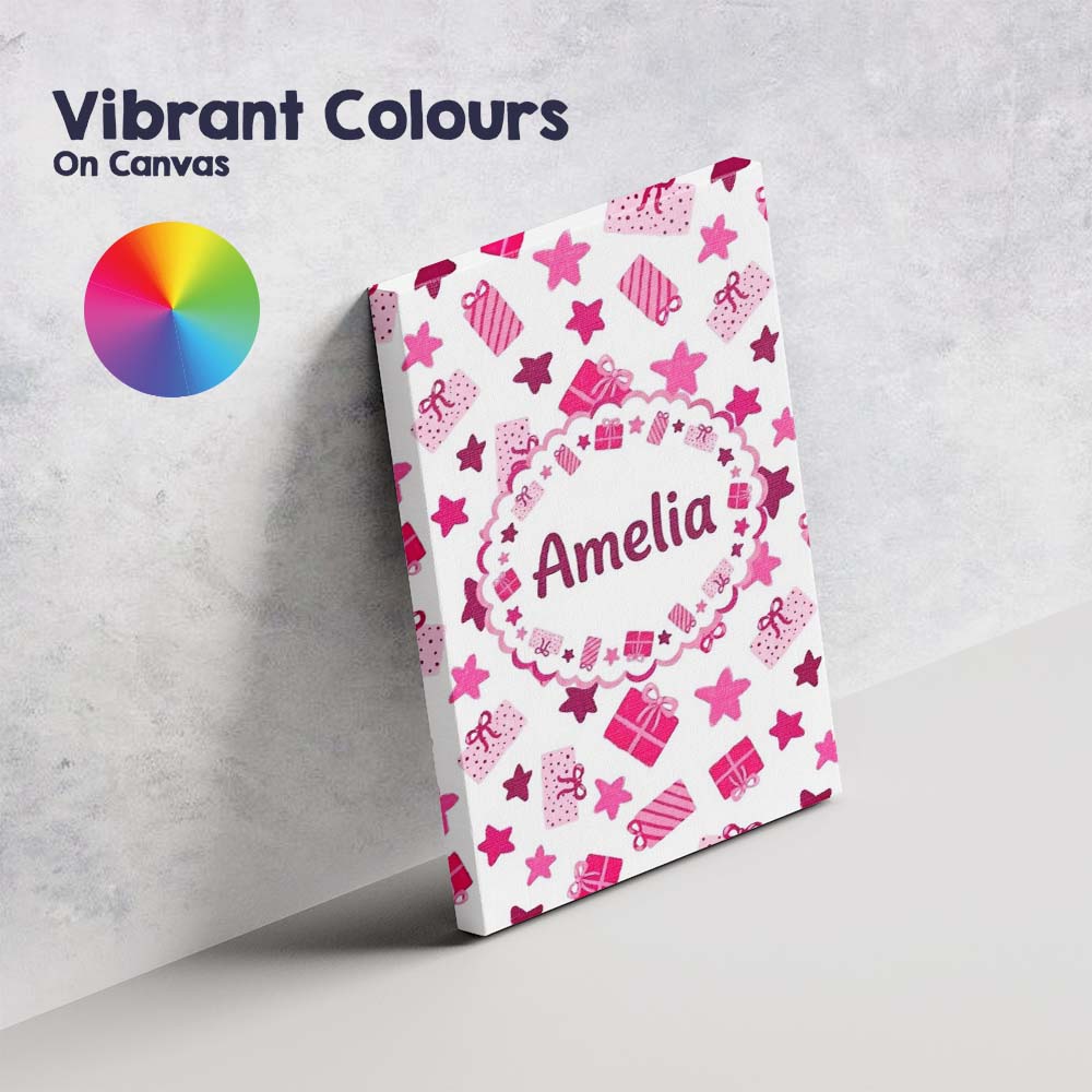 Personalised Name Cute Pink Gift Box Star Custom Bespoke Decorative Contemporary Canvas Wall Art Print Decor Picture Ready to Hang