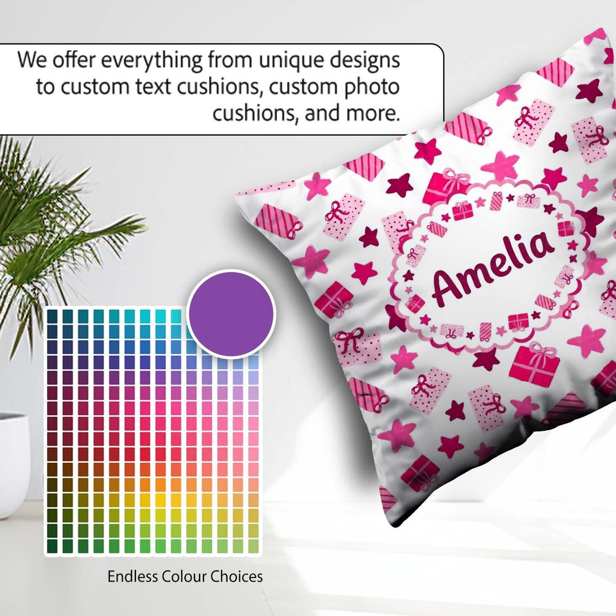 Custom Name Cute Pink Box Star Festive Seamless Pattern Cute Square Filled Cushion Throw Pillow Sofa Bed Home Decor Zip Washable UK Made