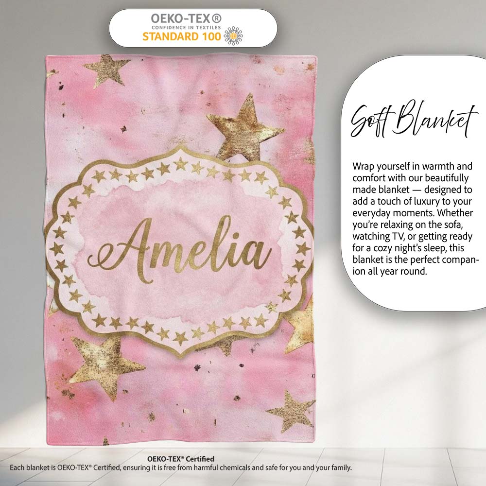 Gold Star Pink Watercolor Textured Festive Seamless Pattern Lovely Personalised Custom Name Super Soft Fleece Blanket Bed Sofa Throw