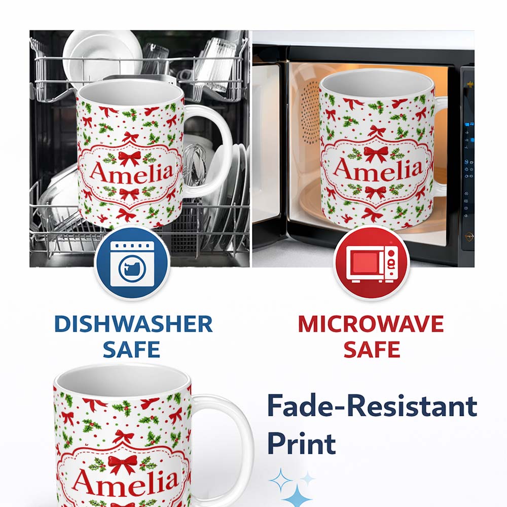 Personalized Custom Name Christmas Holly Leaves Red Bows Polka Dots Seamless Pattern Lovely 11oz Ceramic Coffee Tea Mug White Large Handle