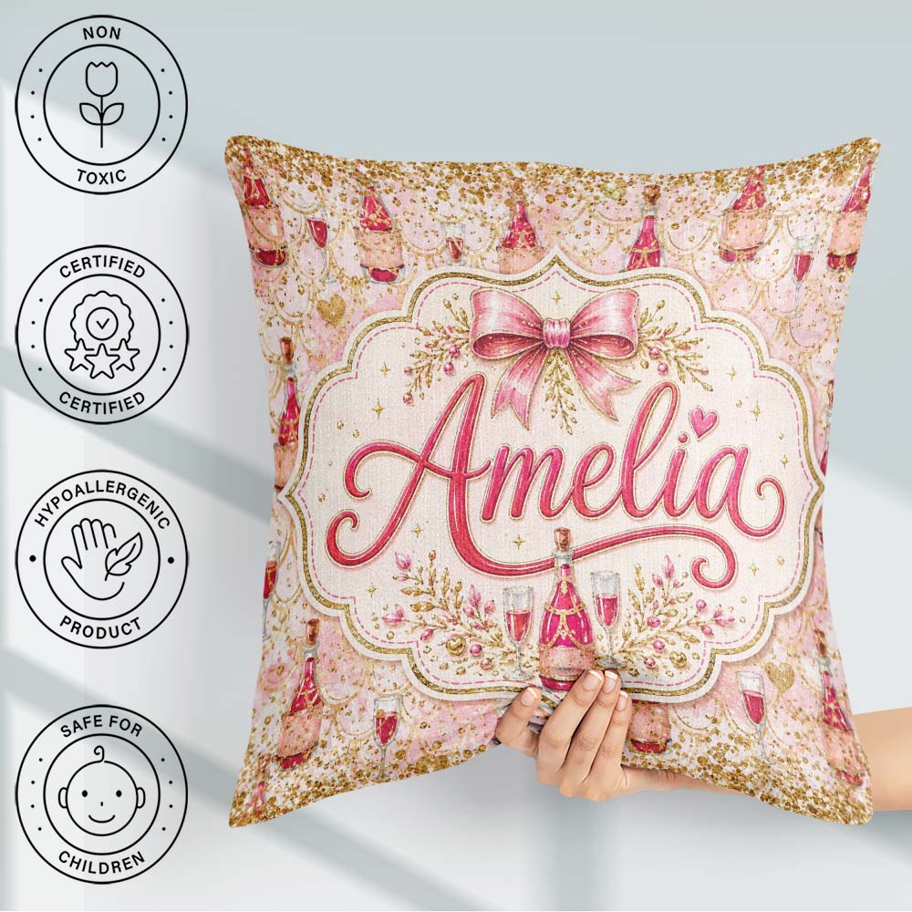 Custom Name Luxury Champagne Bottle Glitter Celebration Seamless Square Filled Cushion Throw Pillow Sofa Bed Home Decor Zip Washable UK Made