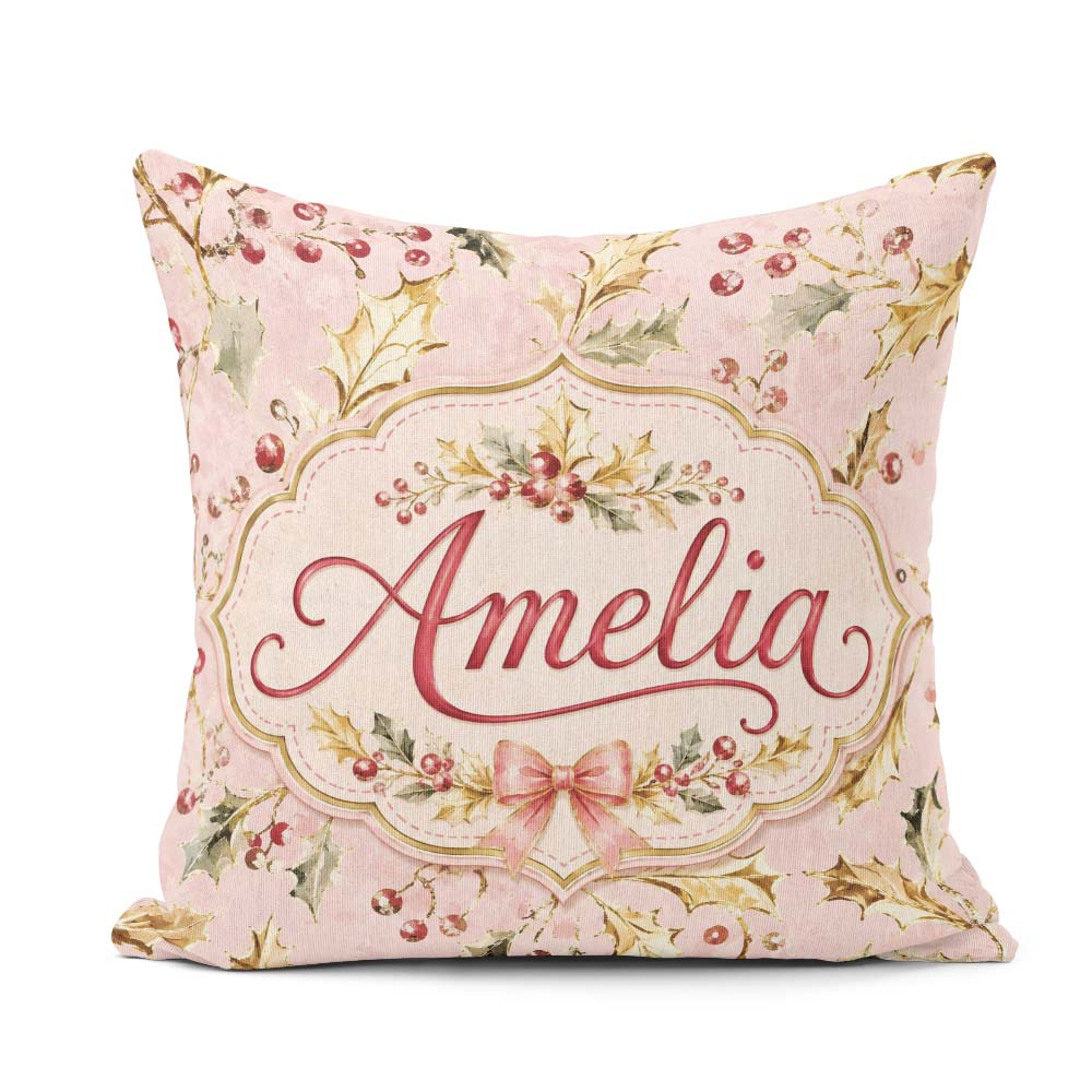 Custom Name Elegant Gold Holly Berry Soft Pink Festive Seamless Square Filled Cushion Throw Pillow Sofa Bed Home Decor Zip Washable UK Made