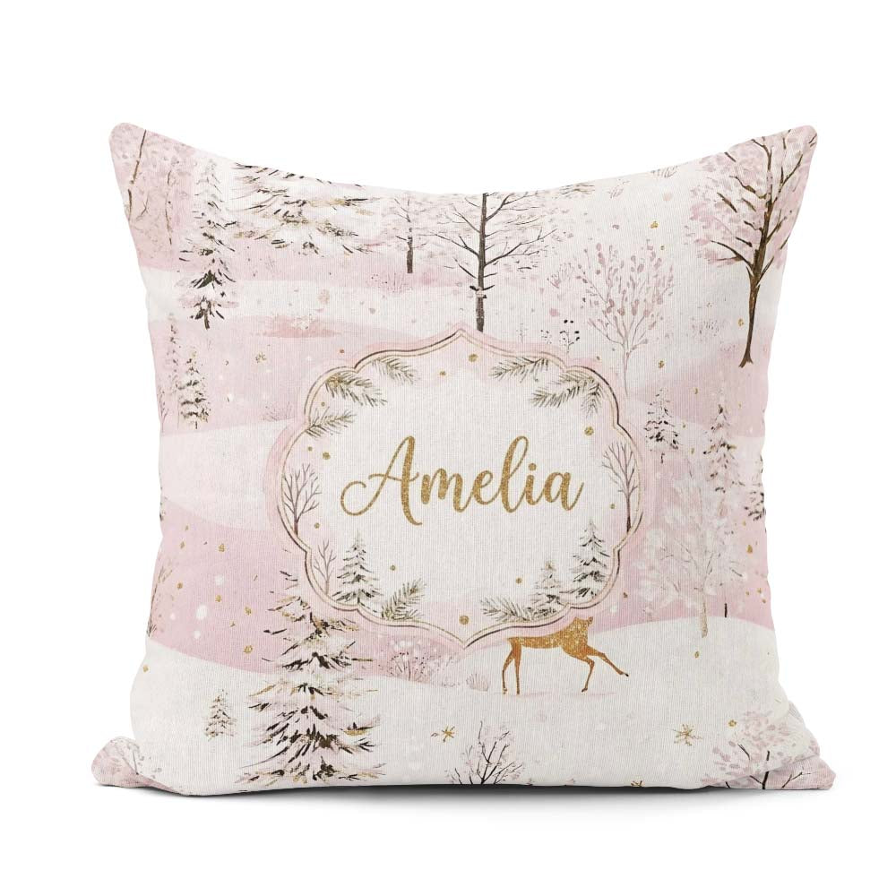 Custom Name Winter Wonderland Deer Snowy Forest Seamless Pattern Square Filled Cushion Throw Pillow Sofa Bed Home Decor Zip Washable UK Made