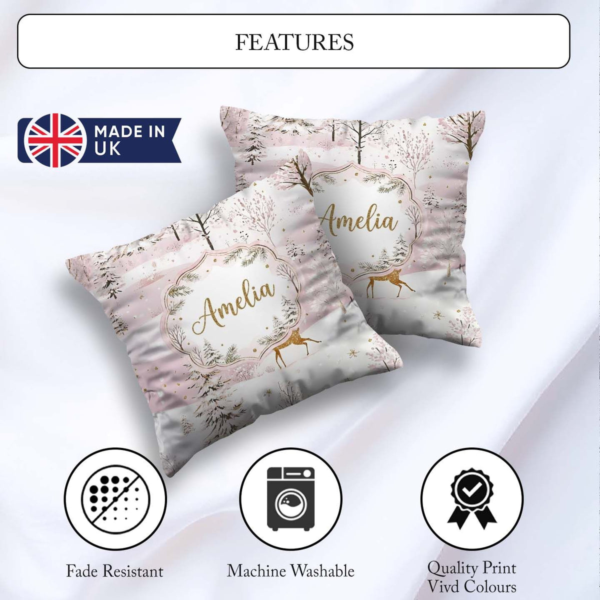 Custom Name Winter Wonderland Deer Snowy Forest Seamless Pattern Square Filled Cushion Throw Pillow Sofa Bed Home Decor Zip Washable UK Made