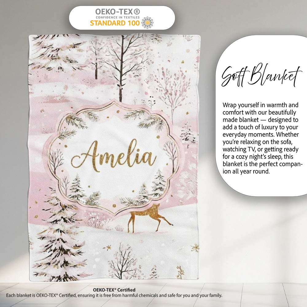 Winter Wonderland Deer Snowy Forest Pink Seamless Pattern Lovely Personalised Custom Name Super Soft Fleece Blanket Bed Sofa Throw