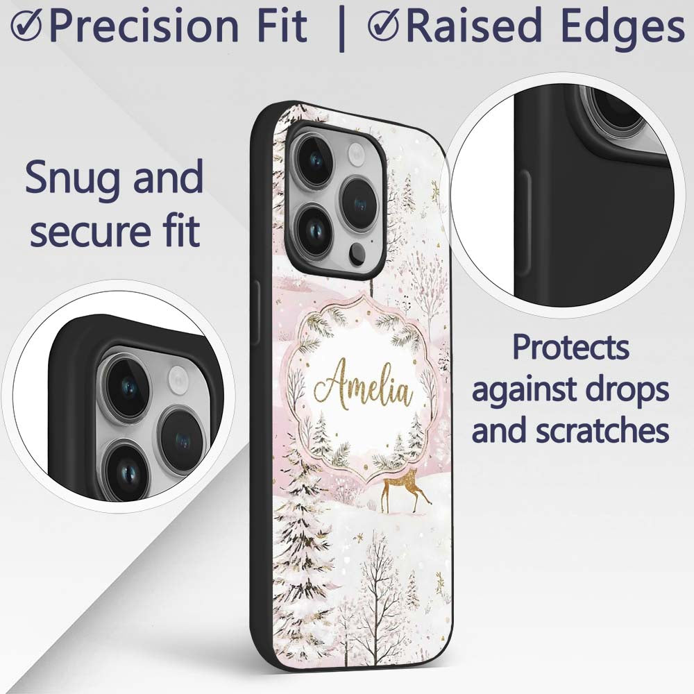 Winter Wonderland Deer Snowy Forest Pink Seamless Custom Name Protective Phone Case Mobile Cover Durable Everyday Smartphone Shock Resistant