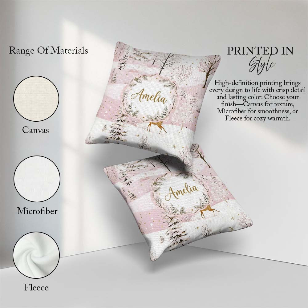 Custom Name Winter Wonderland Deer Snowy Forest Seamless Pattern Square Filled Cushion Throw Pillow Sofa Bed Home Decor Zip Washable UK Made