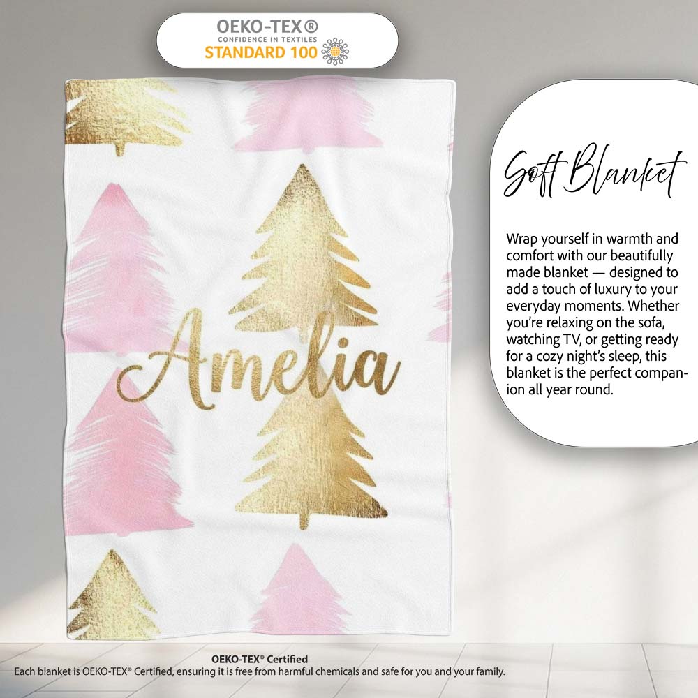 Minimal Pink and Gold Christmas Tree Modern Seamless Pattern Lovely Personalised Custom Name Super Soft Fleece Blanket Bed Sofa Throw