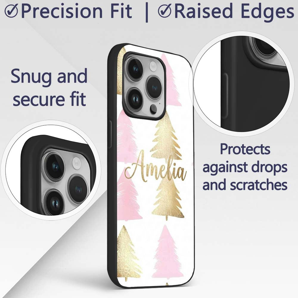 Minimal Pink and Gold Christmas Printed Design Custom Name Protective Phone Case Mobile Cover Durable Everyday Smartphone Shock Resistant