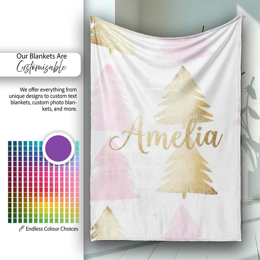 Minimal Pink and Gold Christmas Tree Modern Seamless Pattern Lovely Personalised Custom Name Super Soft Fleece Blanket Bed Sofa Throw