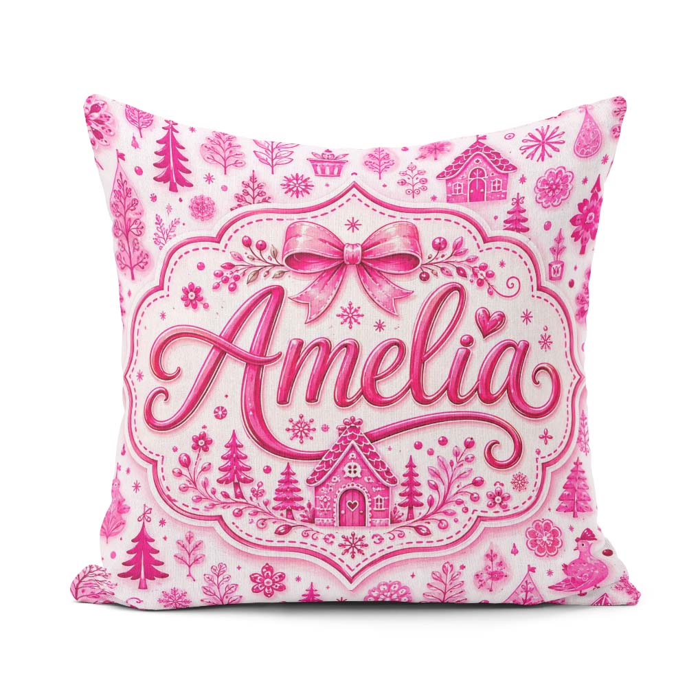 Custom Name Pink Christmas Icon Doodle Holiday Seamless Pattern Square Filled Cushion Throw Pillow Sofa Bed Home Decor Zip Washable UK Made