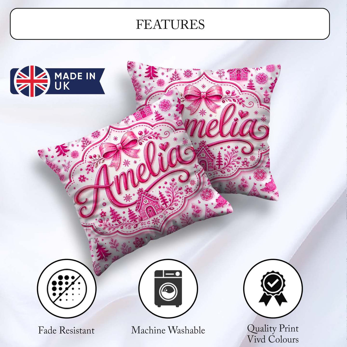 Custom Name Pink Christmas Icon Doodle Holiday Seamless Pattern Square Filled Cushion Throw Pillow Sofa Bed Home Decor Zip Washable UK Made