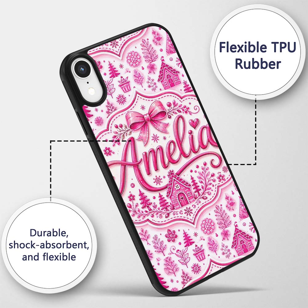 Cute Pink Christmas Icon Doodle Holiday Seamless Custom Name Protective Phone Case Mobile Cover Durable Everyday Smartphone Shock Resistant