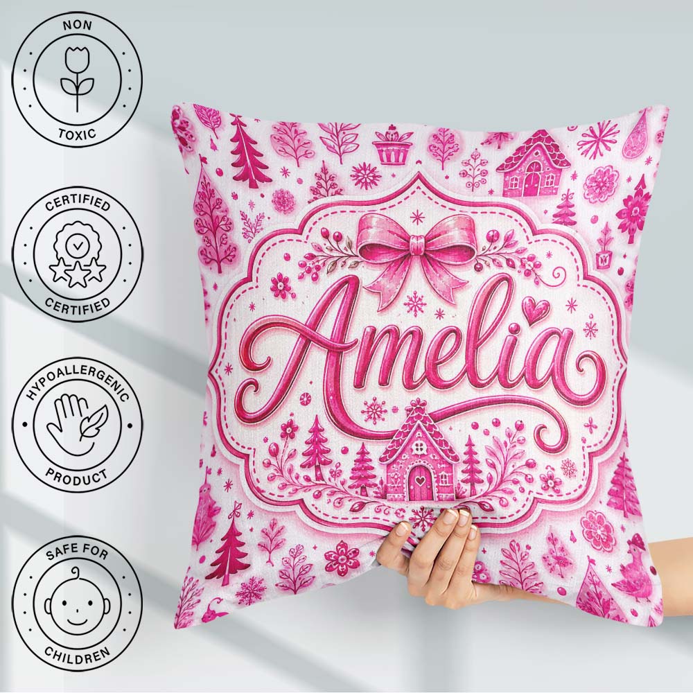 Custom Name Pink Christmas Icon Doodle Holiday Seamless Pattern Square Filled Cushion Throw Pillow Sofa Bed Home Decor Zip Washable UK Made