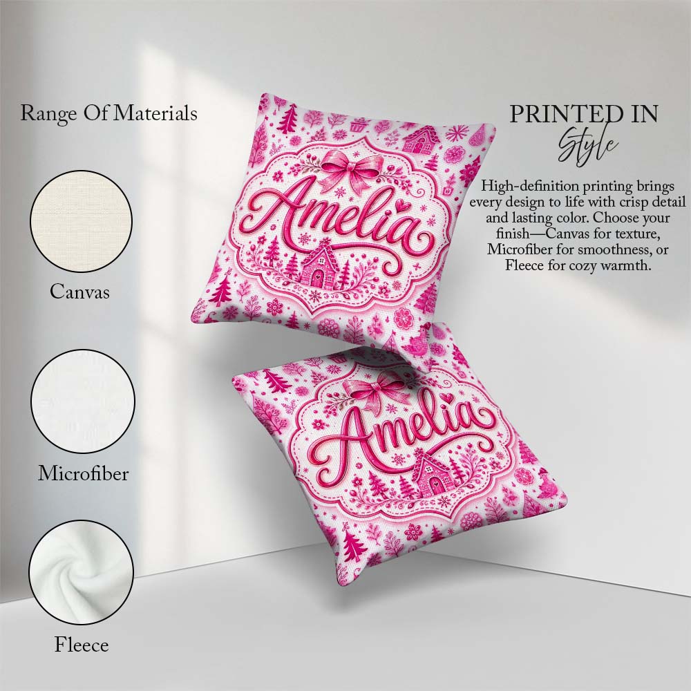 Custom Name Pink Christmas Icon Doodle Holiday Seamless Pattern Square Filled Cushion Throw Pillow Sofa Bed Home Decor Zip Washable UK Made