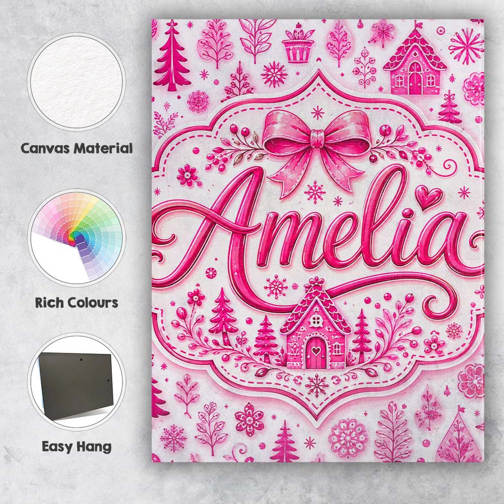 Personalised Name Cute Pink Christmas Icon Custom Unique Gift Idea Elegant Feature Canvas Wall Art Print Decor Picture Ready to Hang