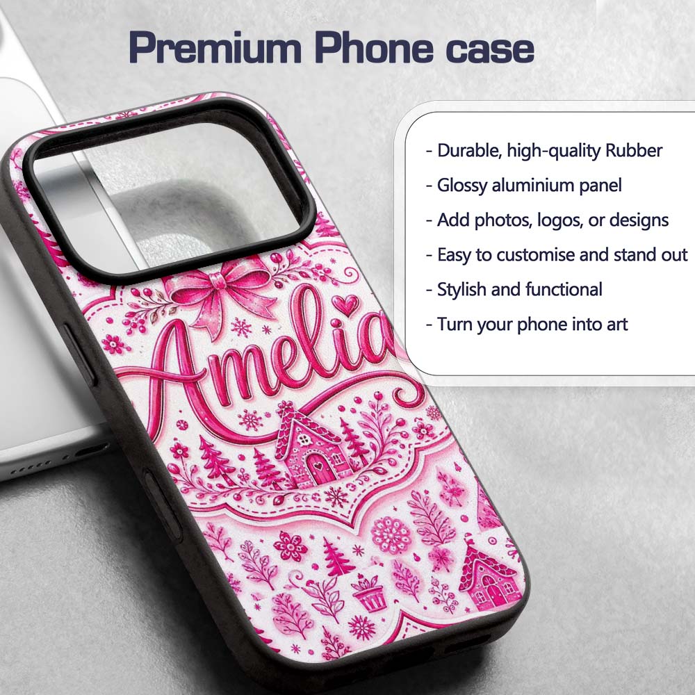 Cute Pink Christmas Icon Doodle Holiday Seamless Custom Name Protective Phone Case Mobile Cover Durable Everyday Smartphone Shock Resistant