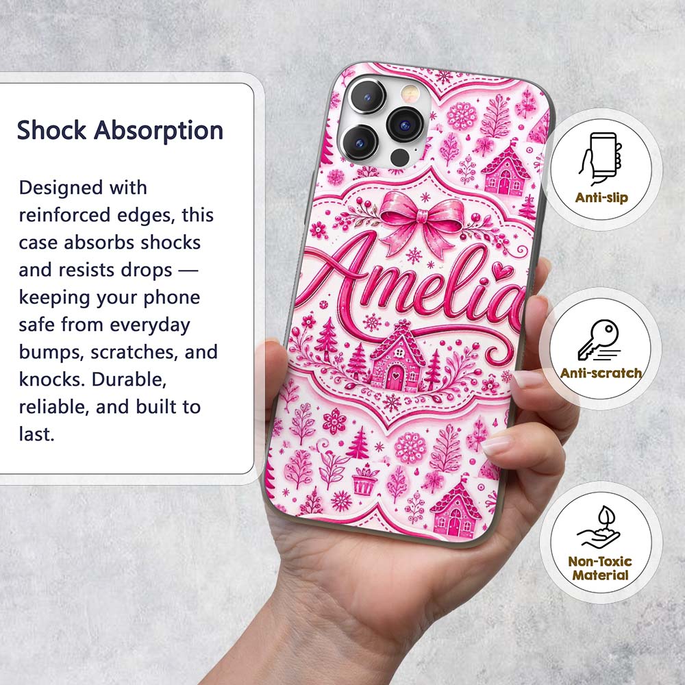 Cute Pink Christmas Icon Doodle Holiday Seamless Custom Name Protective Phone Case Mobile Cover Durable Everyday Smartphone Shock Resistant