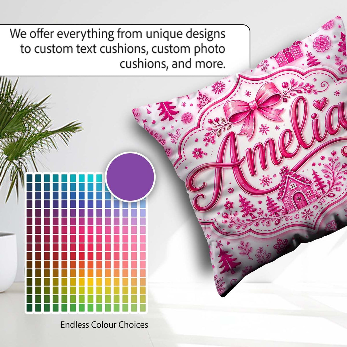 Custom Name Pink Christmas Icon Doodle Holiday Seamless Pattern Square Filled Cushion Throw Pillow Sofa Bed Home Decor Zip Washable UK Made